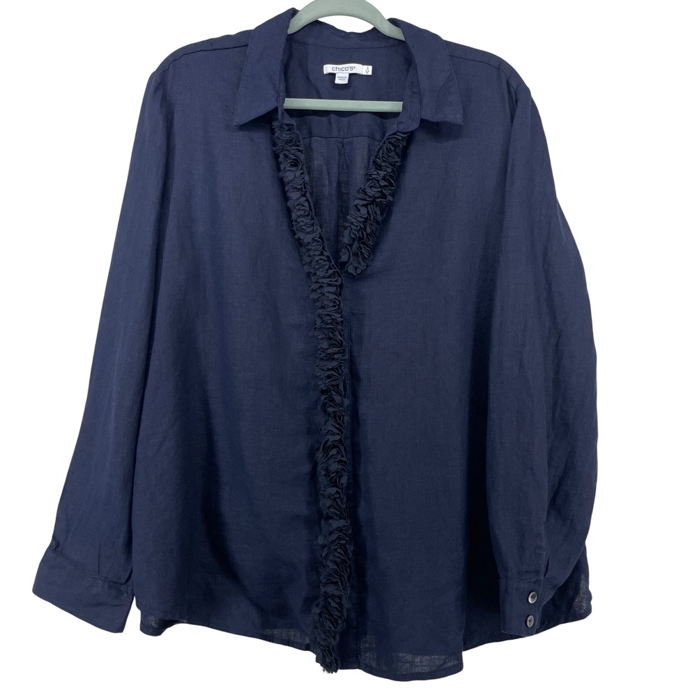 Chico's Size 3/ XL 16 Linen Ruffle Trim Button Up Navy Blue Long Sleeve Blouse